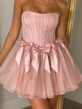 Windsor Jaime Strapless Blush Pink Tulle Corset Mini Dress with Bow Accents